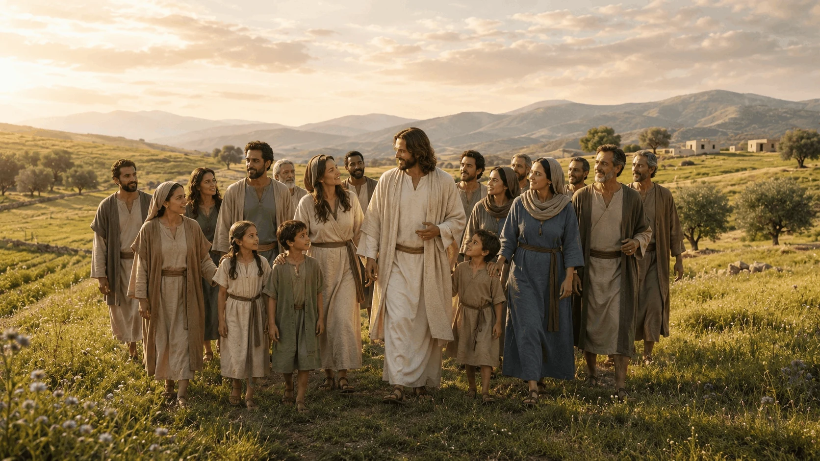 Jesus Christ walking among a covenant people in a peaceful landscape