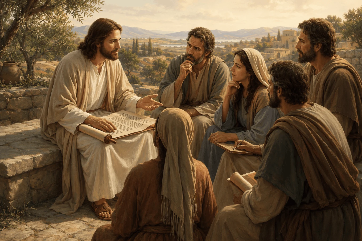 Jesus Christ teaching from an open scripture to attentive disciples
