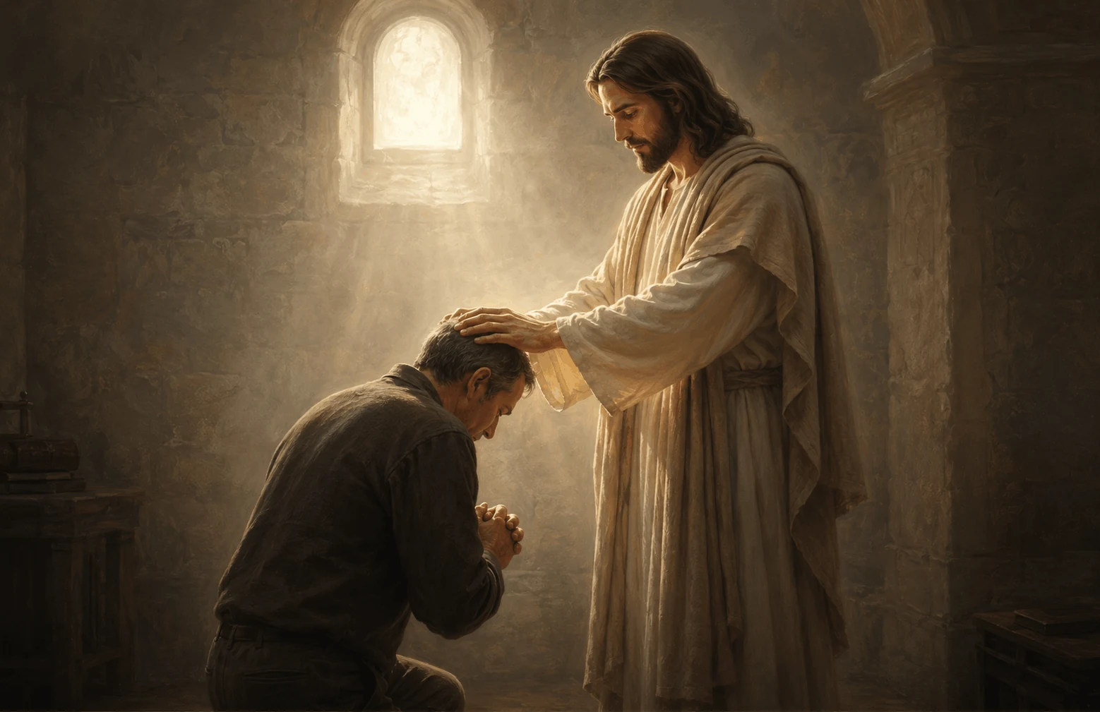 Jesus Christ laying His hands upon the head of a kneeling servant
