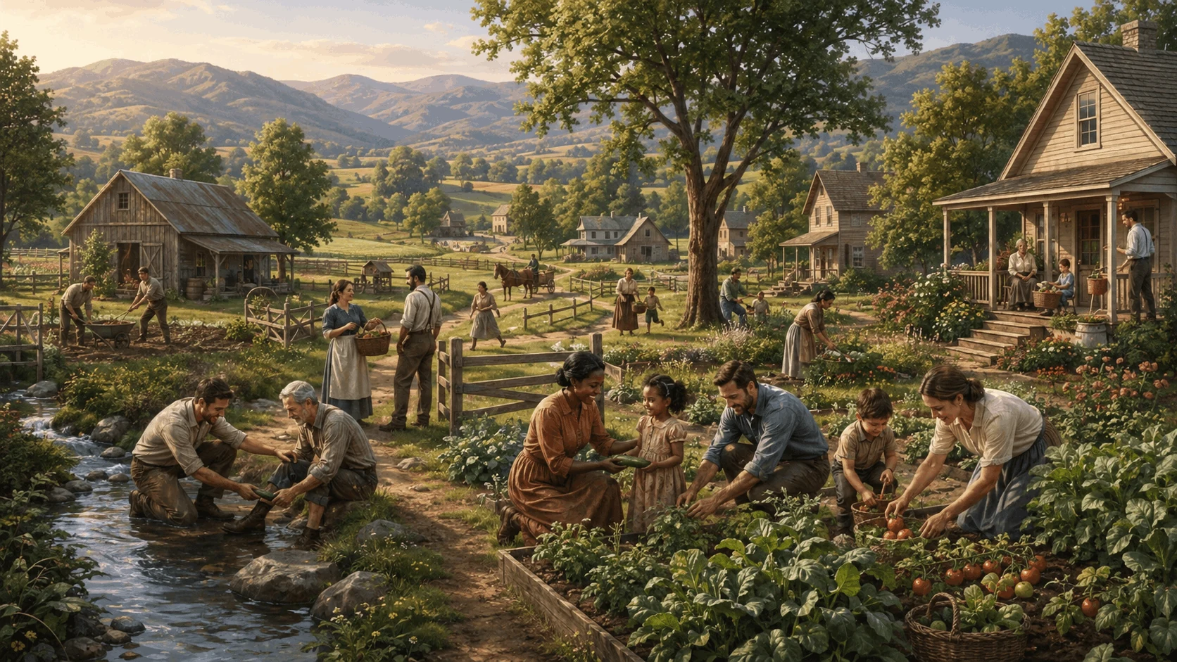 Families and individuals living and working together in a peaceful rural community, serving one another and sharing a life of order, labor, family, and unity.