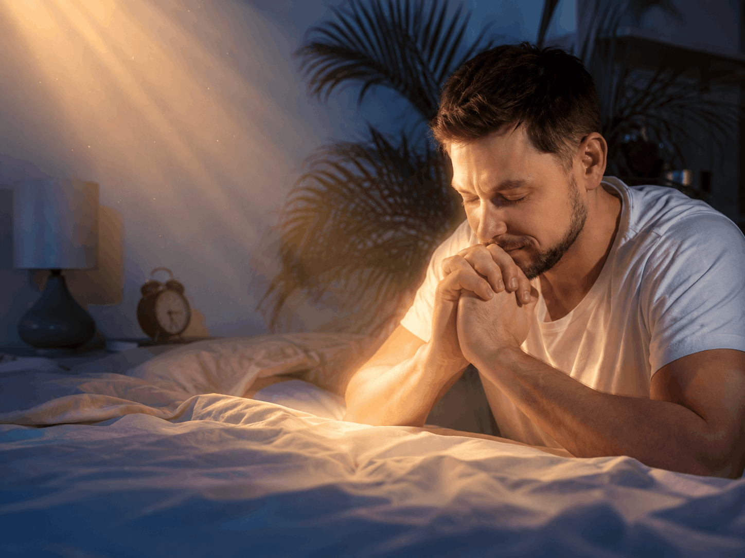 A man kneeling beside his bed in prayer as light enters the room