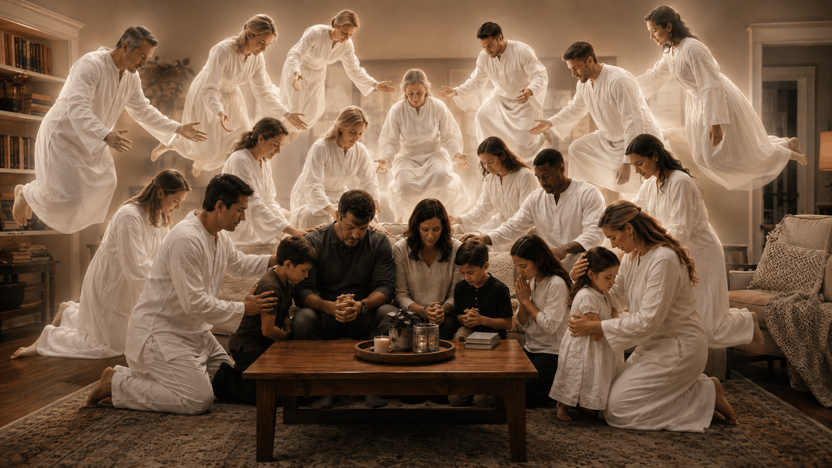 A family kneeling together in prayer while heavenly messengers surround them