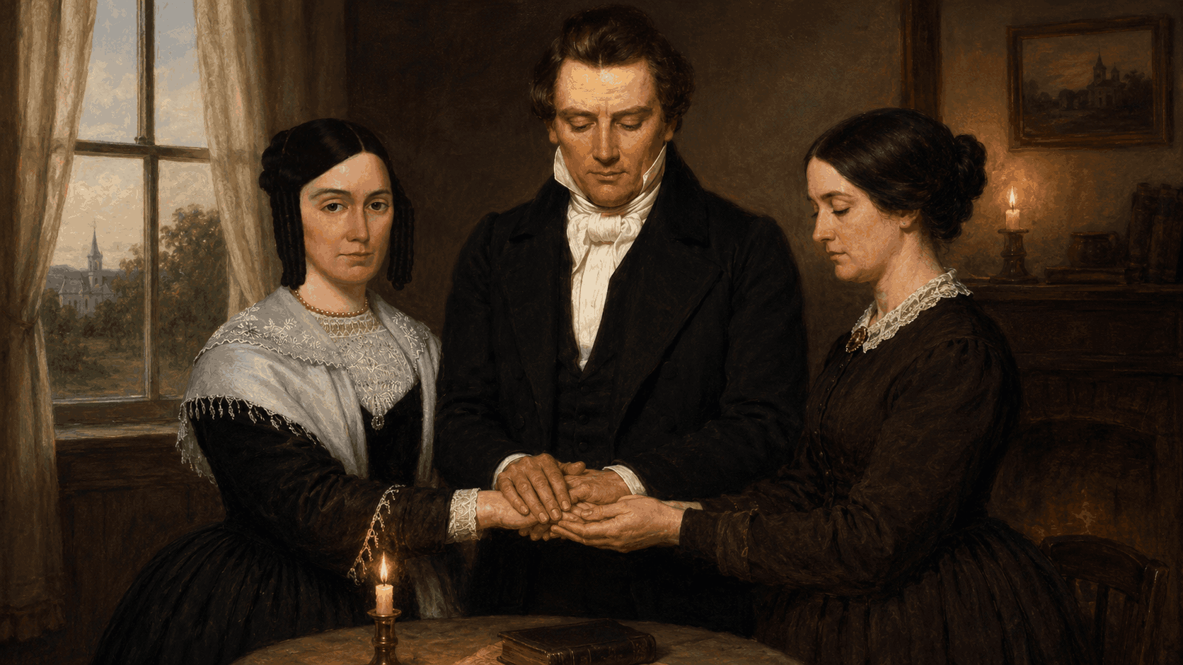 Joseph Smith standing with Emma Smith and Louisa Beaman as they join hands in a candlelit room