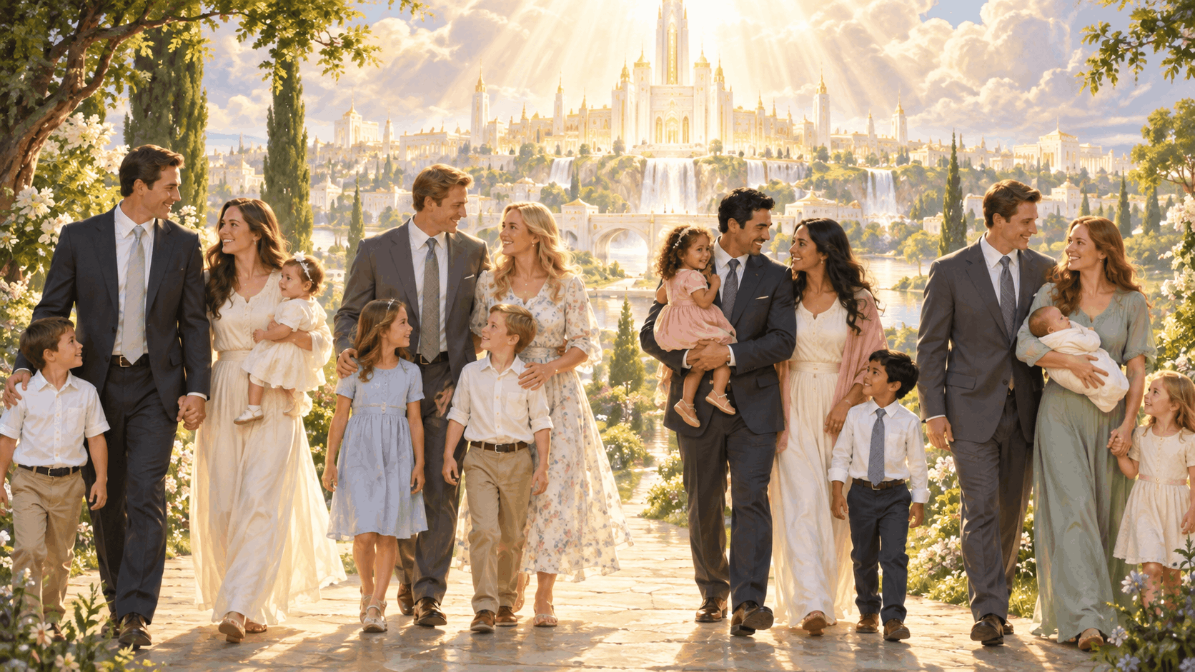 Families walking together through a sunlit garden toward a radiant heavenly city